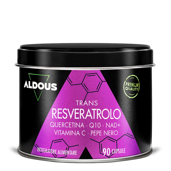 Barattolo di Trans-Resveratrolo Aldous da 90 capsule con quercetina, Q10, NAD...