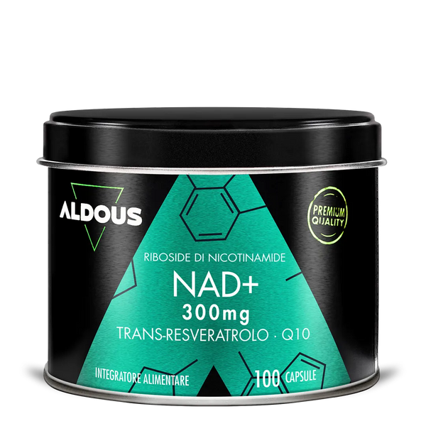 Barattolo di NAD+ Aldous da 100 capsule con 300 mg di riboside di nicotinamid...