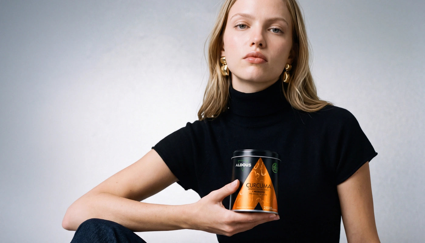 Donna con maglia nera che tiene in mano una confezione di Curcuma Biologica Aldous con zenzero, pepe nero e probiotici.