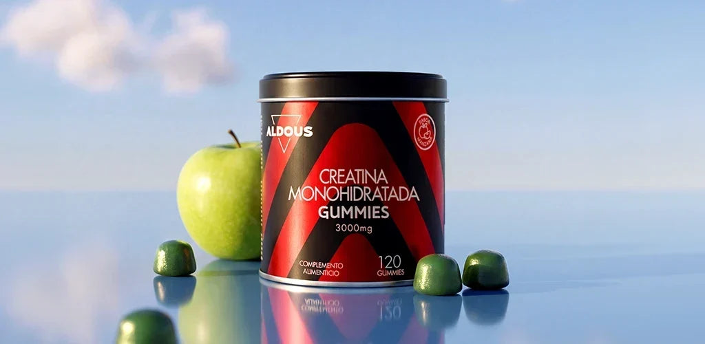 una confezione di caramelle gommose alla creatina di Aldous con una mela (le caramelle hanno il gusto di mela)