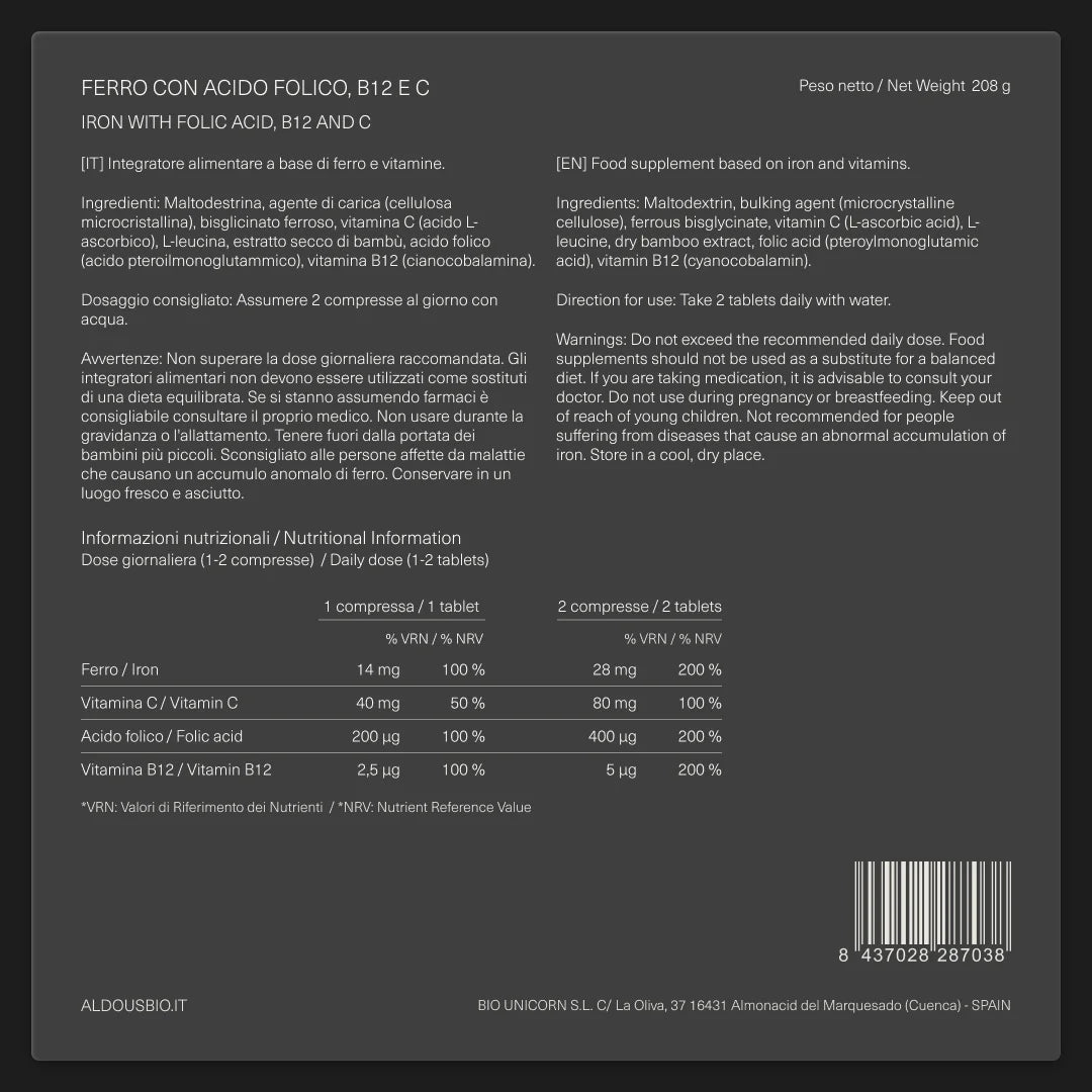 Bisglicinato di Ferro con Vitamina C, Acido Folico e B12