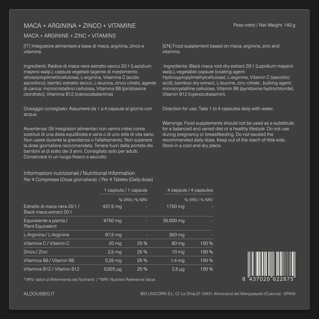 Maca Nera con L-Arginina, Zinco e Vitamine