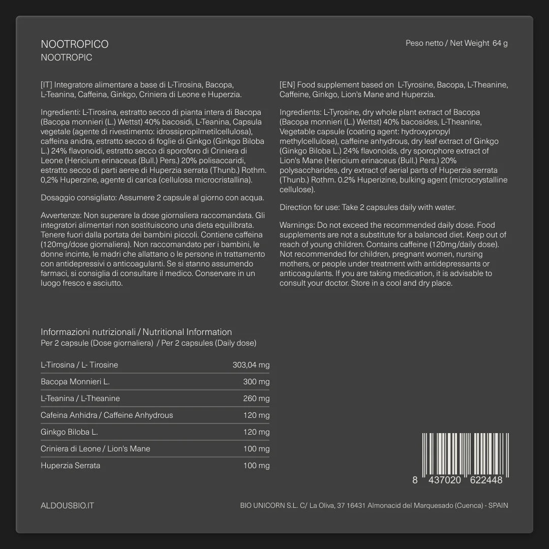 Nootropico con Ginkgo Biloba, Criniera di Leone, Caffeina, Bacopa, Tirosina, Teanina e Huperzia Serrata