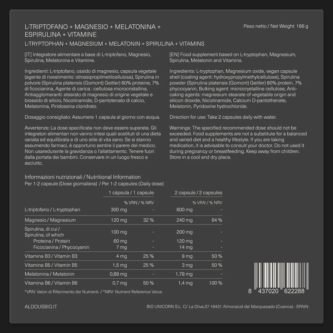 Triptofano con Melatonina, Magnesio, Spirulina e Vitamine