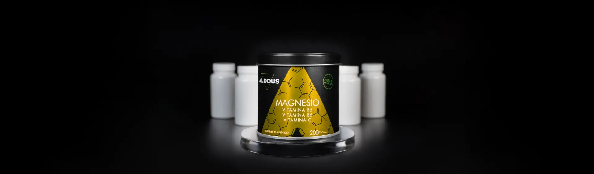 Imagen de un bote de Magnesio Aldous con las ventajas de los productos Aldous