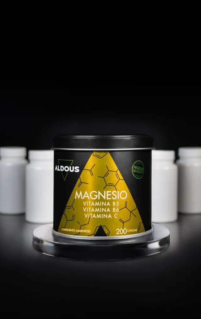 Imagen de un bote de Magnesio Aldous con las ventajas de los productos Aldous