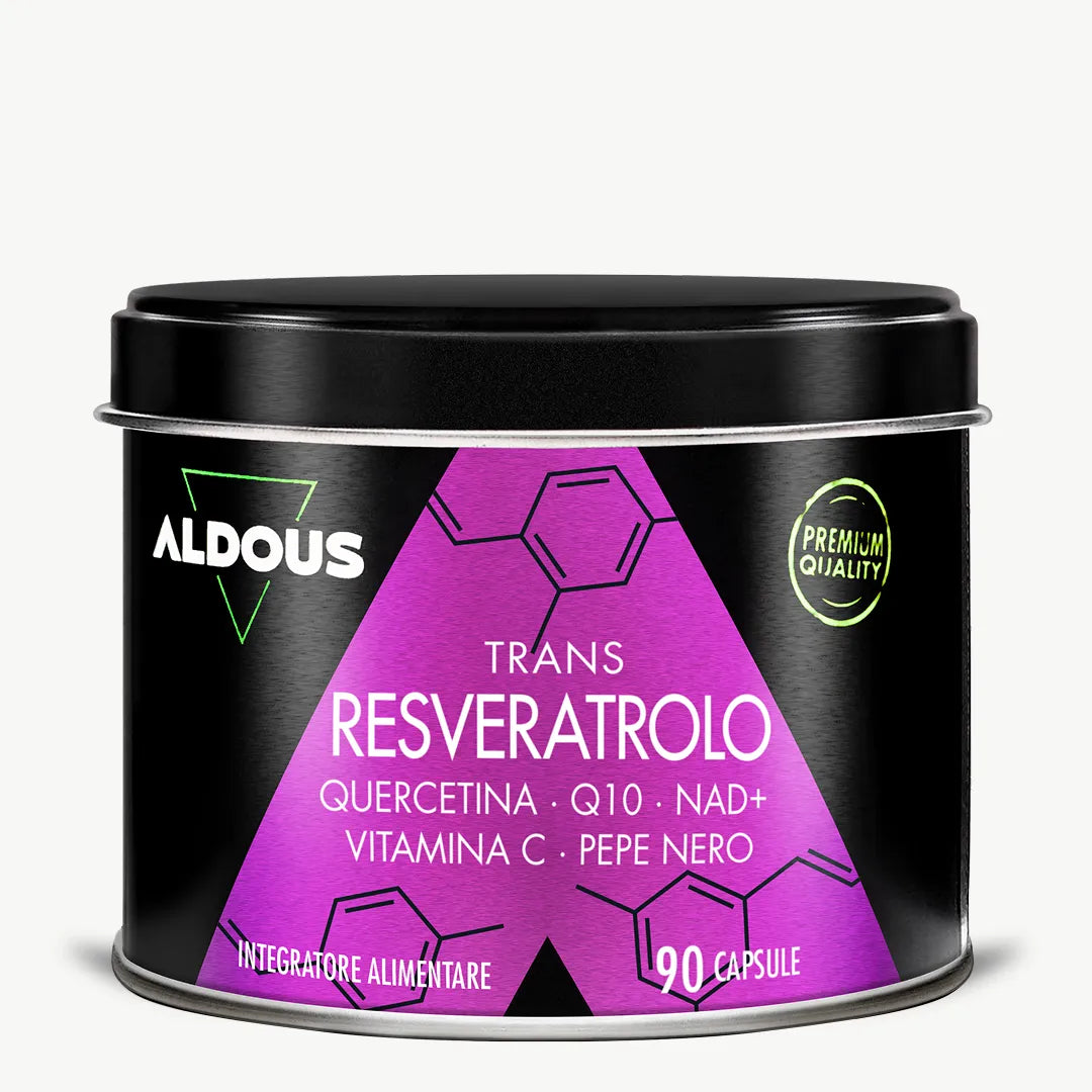 Barattolo di Trans-Resveratrolo Aldous da 90 capsule con quercetina, Q10, NAD...