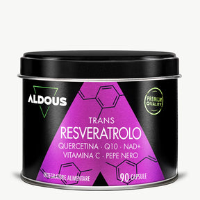 Barattolo di Trans-Resveratrolo Aldous da 90 capsule con quercetina, Q10, NAD...