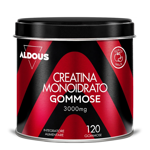 Barattolo di caramelle gommose alla creatina monoidrato al gusto mela.