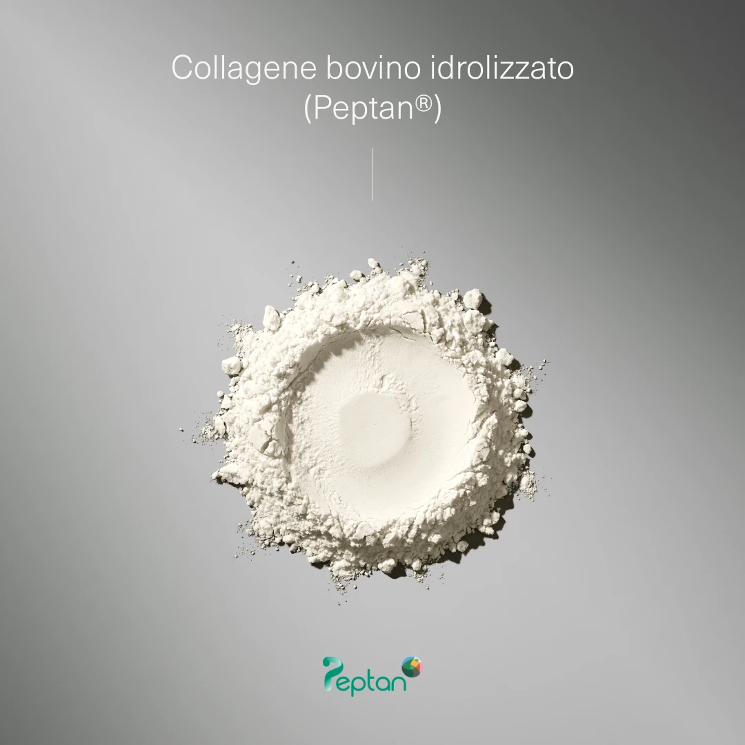Collagene bovino idrolizzato Peptan in polvere bianca.