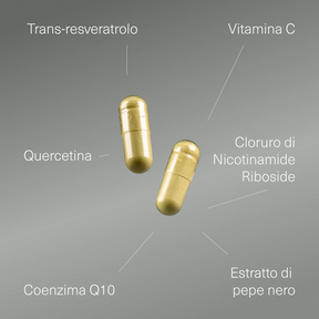Due capsule di Resveratrolo con i suoi ingredienti: trans-resveratrolo, vitam...