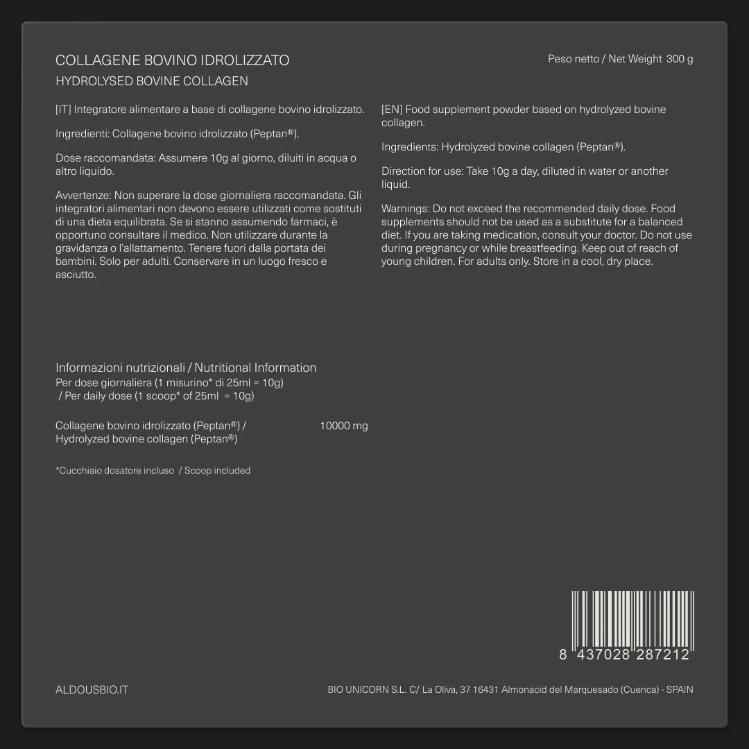 Etichetta posteriore del Collagene Bovino Idrolizzato Aldous con ingredienti,...