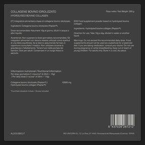 Etichetta posteriore del Collagene Bovino Idrolizzato Aldous con ingredienti,...