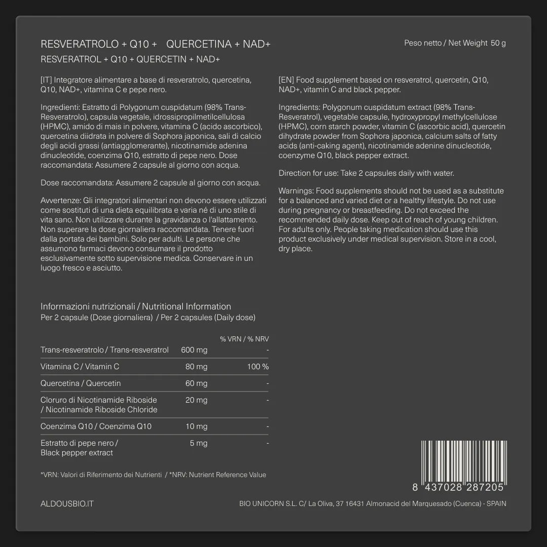 Etichetta del Resveratrolo Aldous: due capsule apportano 600 mg di trans-resv...