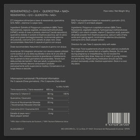 Etichetta del Resveratrolo Aldous: due capsule apportano 600 mg di trans-resv...