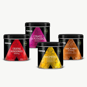 Barattoli che compongono il pack: creatina monoidrato, citrato di potassio, m...
