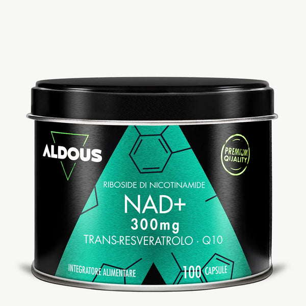 Barattolo di NAD+ Aldous da 100 capsule con 300 mg di riboside di nicotinamide, trans-resveratrolo e Q10.