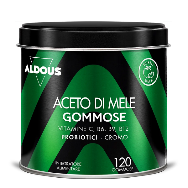 Vista frontale della confezione di Aceto di mele in gommose Aldous, con 120 g...