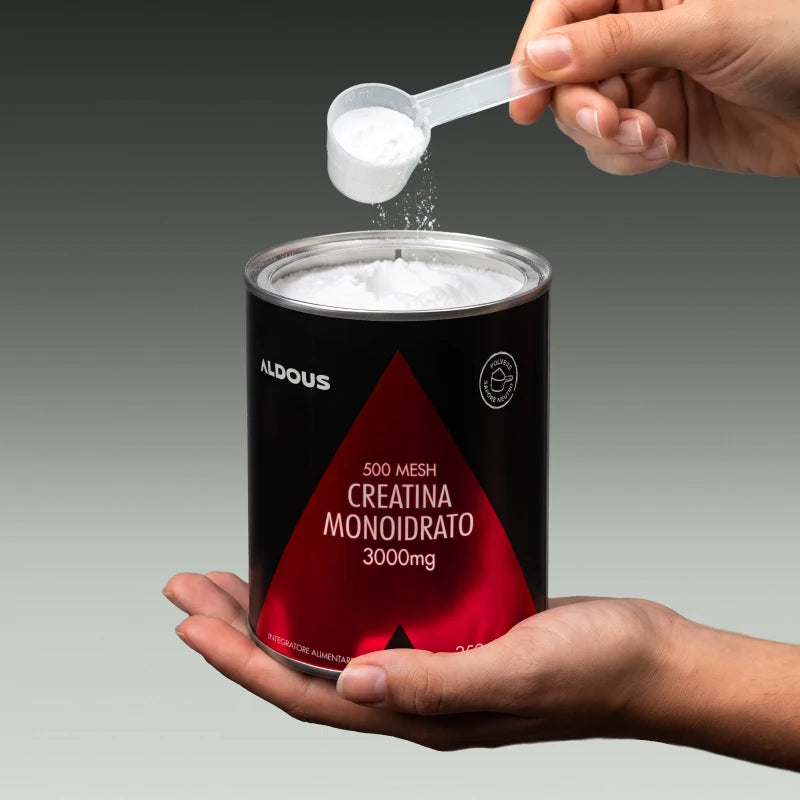 Mani che sostengono un barattolo aperto di Creatina Aldous 500 Mesh con un misurino di polvere.