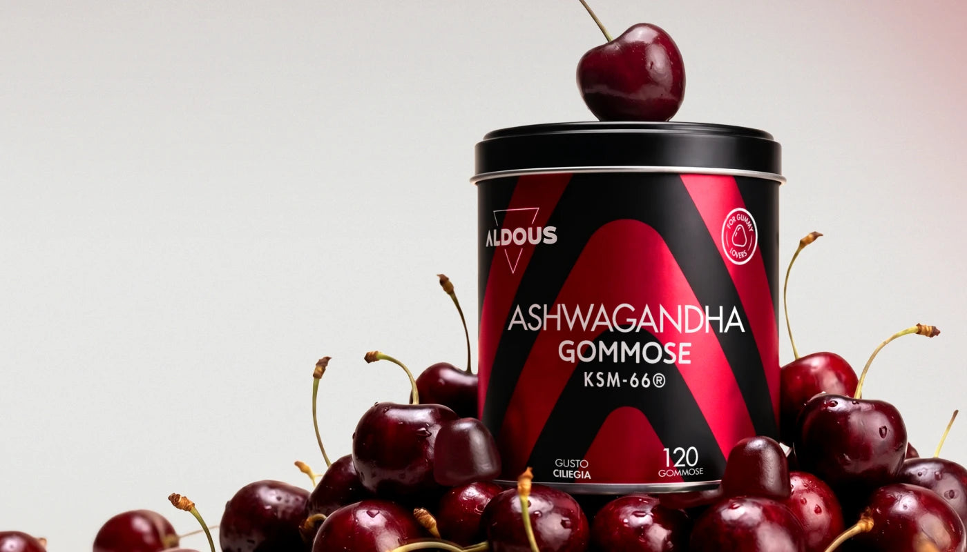 Ashwagandha KSM-66® in caramelle gommose Aldous al gusto ciliegia, confezione da 120 gommose.